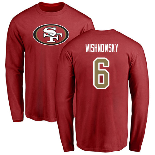 Men San Francisco 49ers Red Mitch Wishnowsky Name and Number Logo #6 Long Sleeve NFL T Shirt